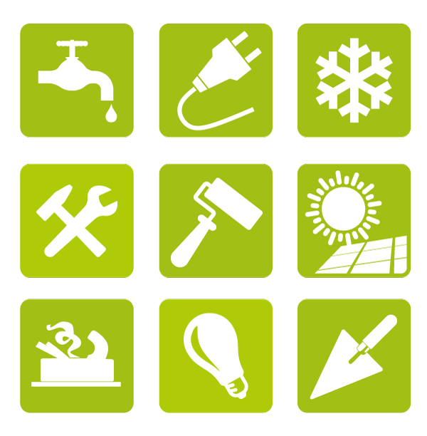 Symbole der Gewerke SHK, Elektro, Klima, Erneuerbare Energien, Maler, Holzbau und Baugewerbe