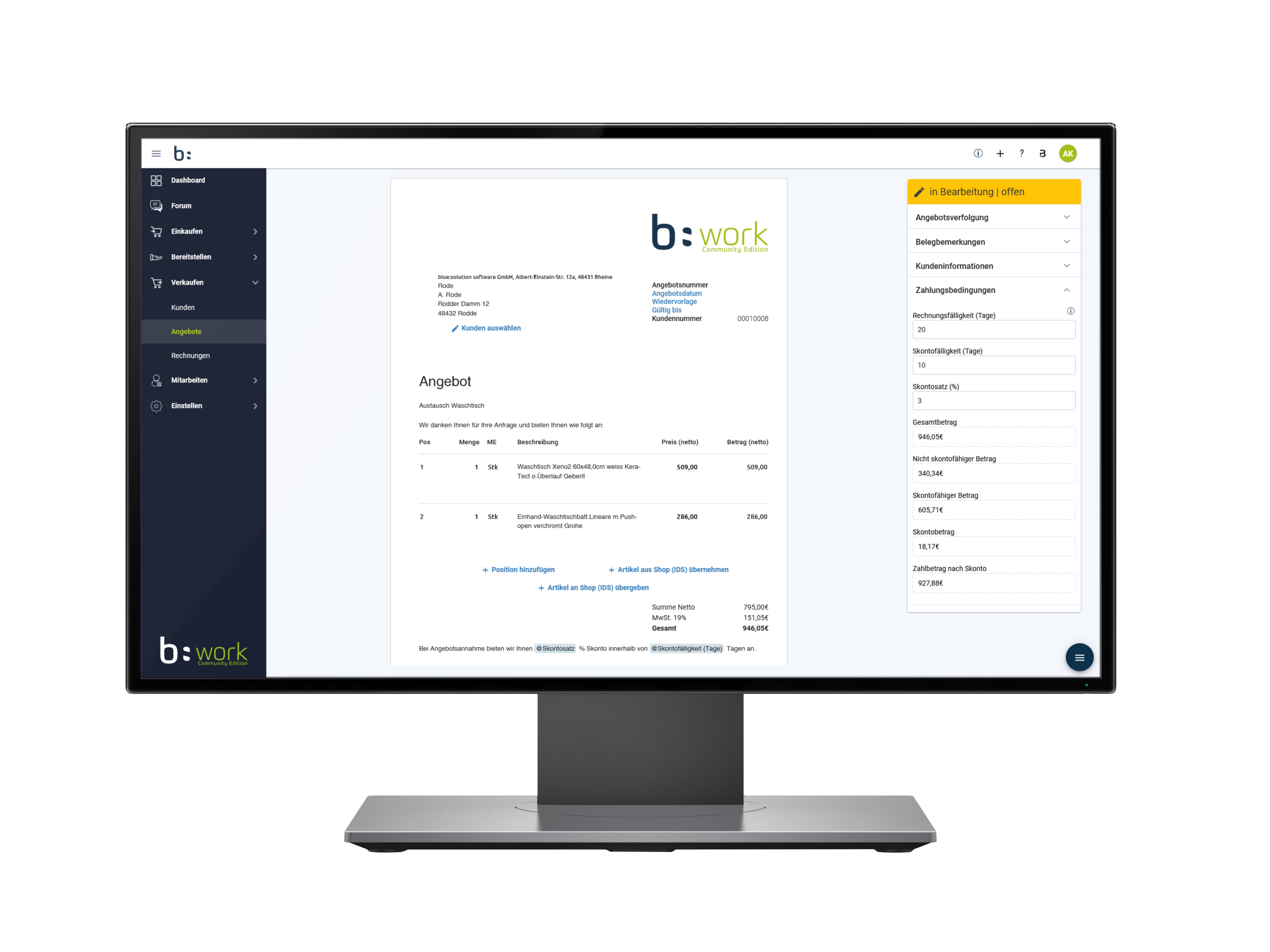 Angebot auf Desktop Angebot schreiben mit kostenloser Software blue:solution work